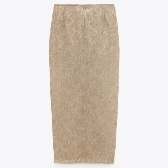 ZARA HIGH-WAISTED MIDI SKIRT FRONT KNOT METALLIC GOLD CROCHET LACE SIZE S - Picture 8 of 16